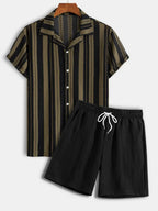 Knit Jacquard Striped Short Sleeve Shirt & Linen-Blend Shorts Set