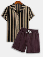Knit Jacquard Striped Short Sleeve Shirt & Linen-Blend Shorts Set