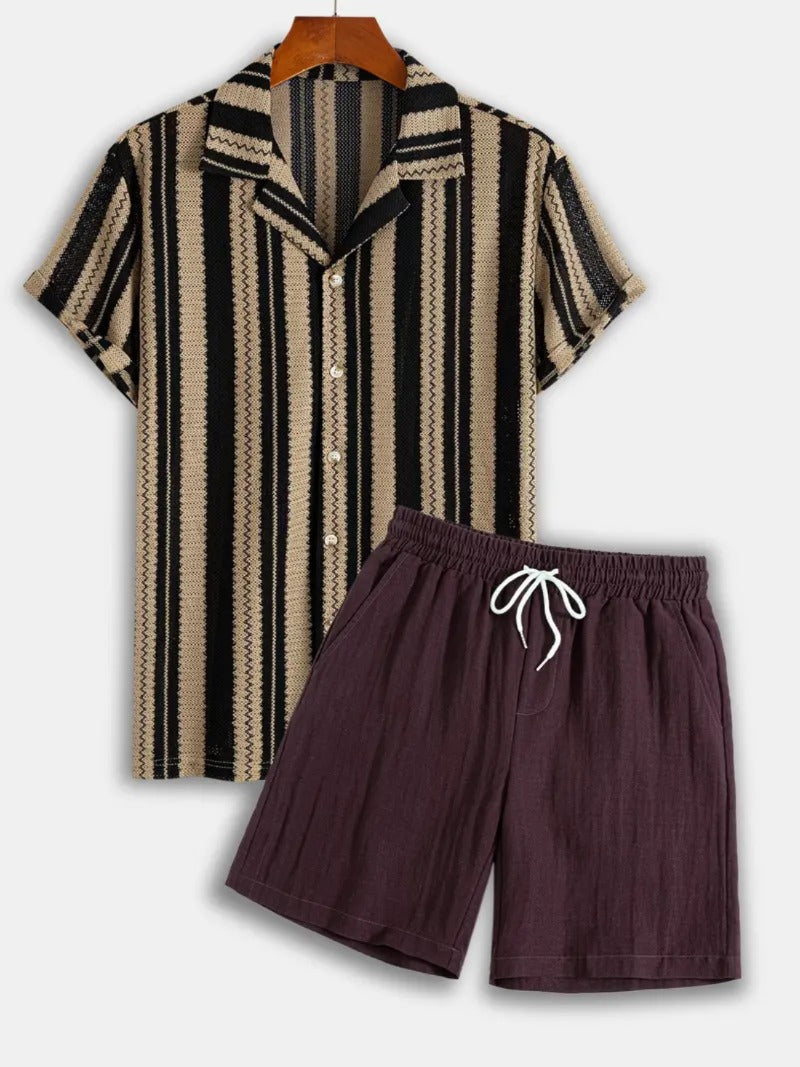 Knit Jacquard Striped Short Sleeve Shirt & Linen-Blend Shorts Set
