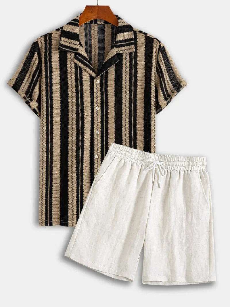 Knit Jacquard Striped Short Sleeve Shirt & Linen-Blend Shorts Set