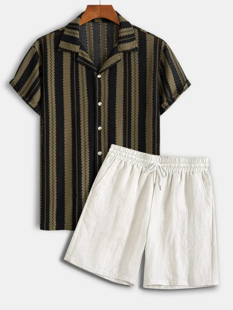 Knit Jacquard Striped Short Sleeve Shirt & Linen-Blend Shorts Set