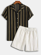 Knit Jacquard Striped Short Sleeve Shirt & Linen-Blend Shorts Set