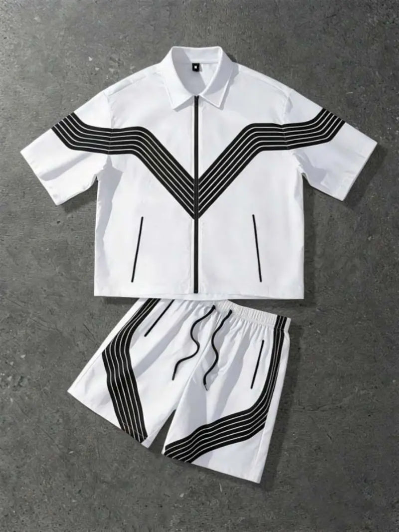 Men's Summer Fashion Patchwork Zipper Short-Sleeve Top & Shorts Set
