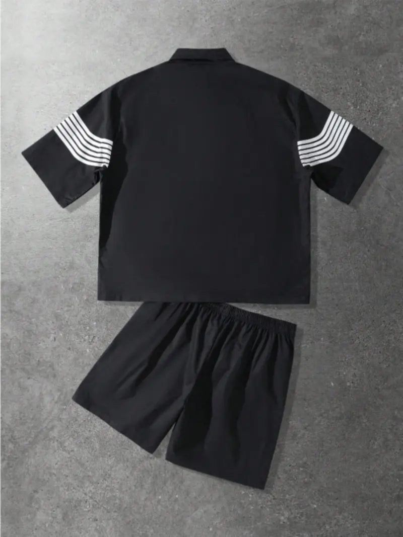 Men's Summer Fashion Patchwork Zipper Short-Sleeve Top & Shorts Set