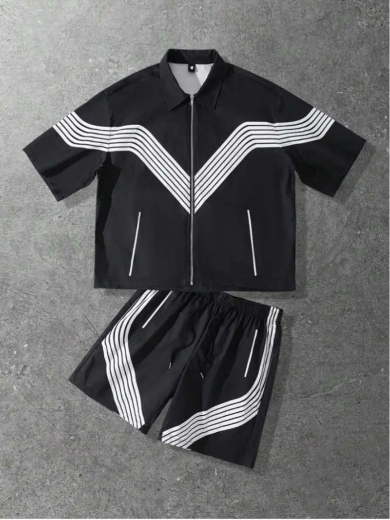 Men's Summer Fashion Patchwork Zipper Short-Sleeve Top & Shorts Set