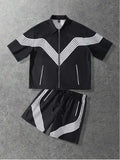 Men's Summer Fashion Patchwork Zipper Short-Sleeve Top & Shorts Set