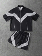 Men's Summer Fashion Patchwork Zipper Short-Sleeve Top & Shorts Set